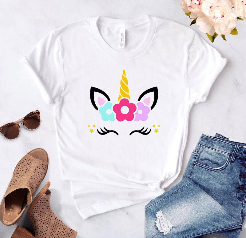 Flor unicórnio cabeça impressão feminina camiseta de algodão casual engraçado t camisa para senhora menina topo t hipster navio da gota NA-206