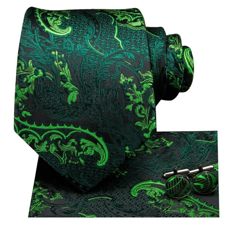Men Green Ties Floral Tie Paisley Silk Necktie Pocket Square Set for Party Business Emerald Ties Gift Wholesale Hi-Tie SN-3206