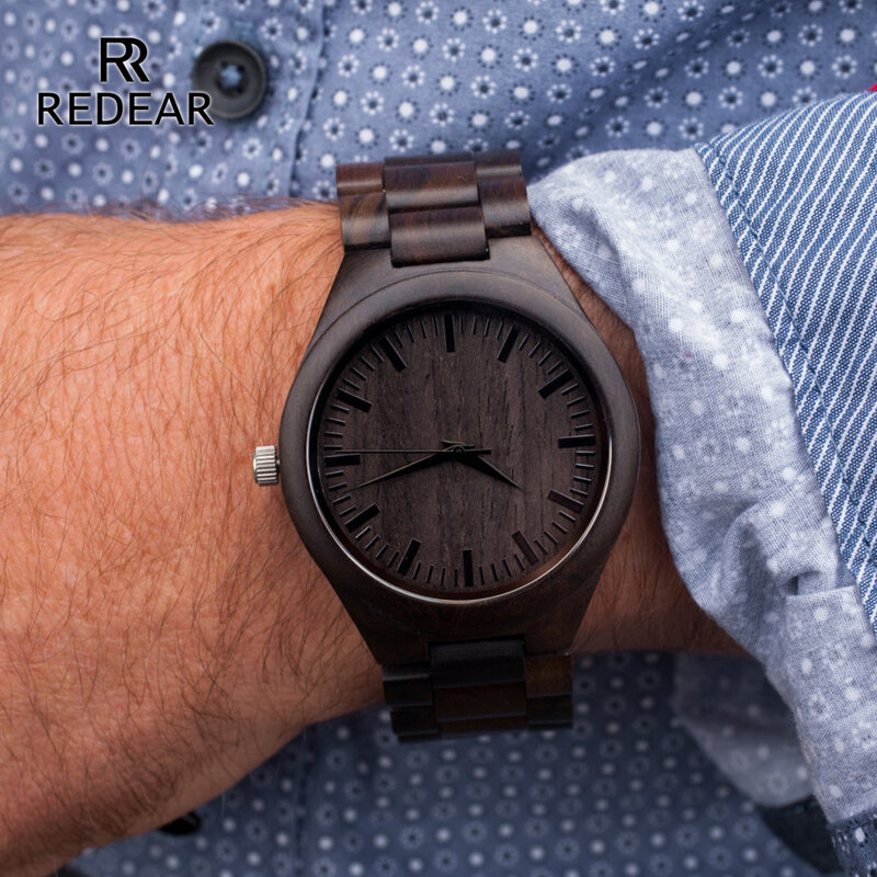 REDEAR Handmade ไม้จันทน์สีดำนาฬิกานาฬิกา Cool ธรรมชาติไม้ควอตซ์อัตโนมัตินาฬิกาของขวัญกล่องไม่มีโลโก้