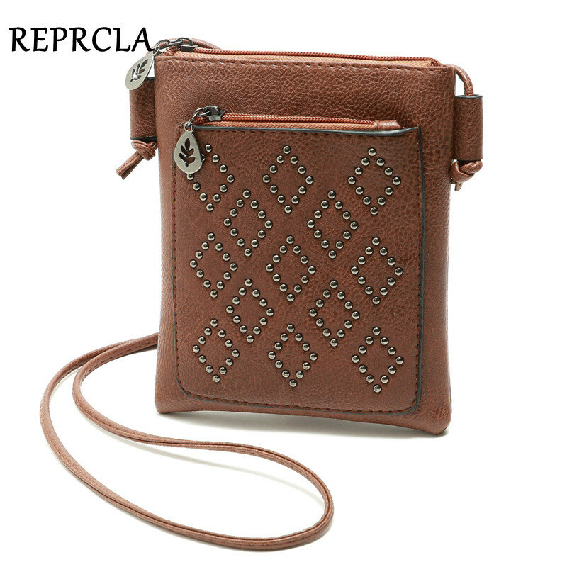 REPRCLA-Pequena bolsa de ombro de couro PU para mulheres, rebite vintage, sacos mensageiro para telefone, mini sacos crossbody, bolsa de alta qualidade