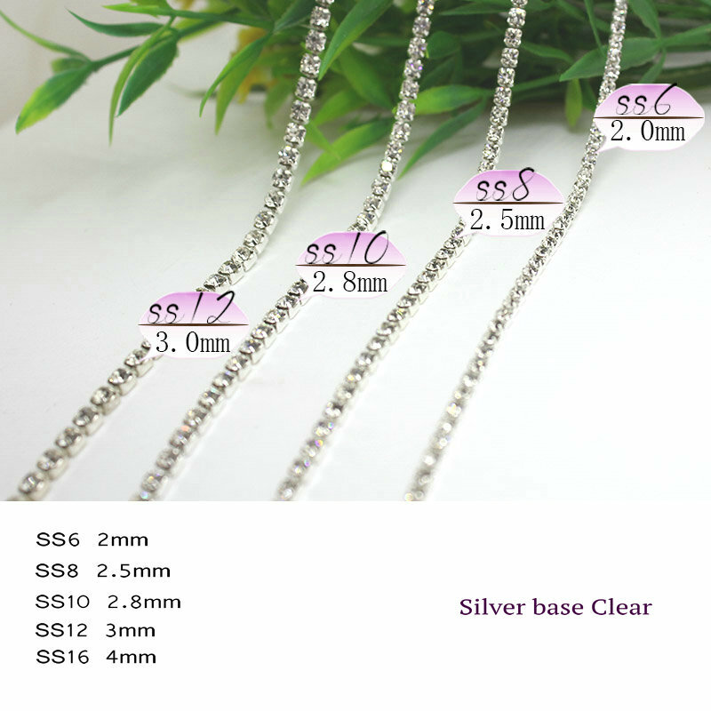 10 jardas/rolo de cristal claro SS6-SS16(2mm-4mm) base de prata copo de cobre strass corrente vestuário costura estilo diy beleza acessórios