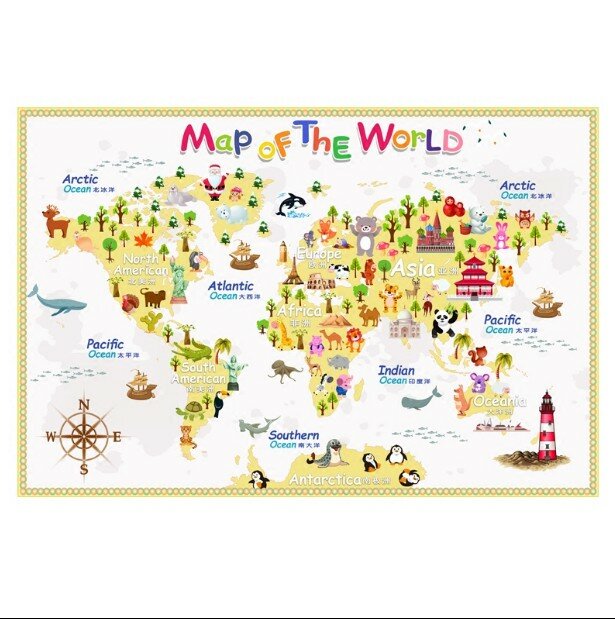 Cartoon World Map Poster for Children, Decoração de Parede, Grande Mapa do Mundo, Mapa de Lona Impermeável, Decoração do Quarto, 80x53cm