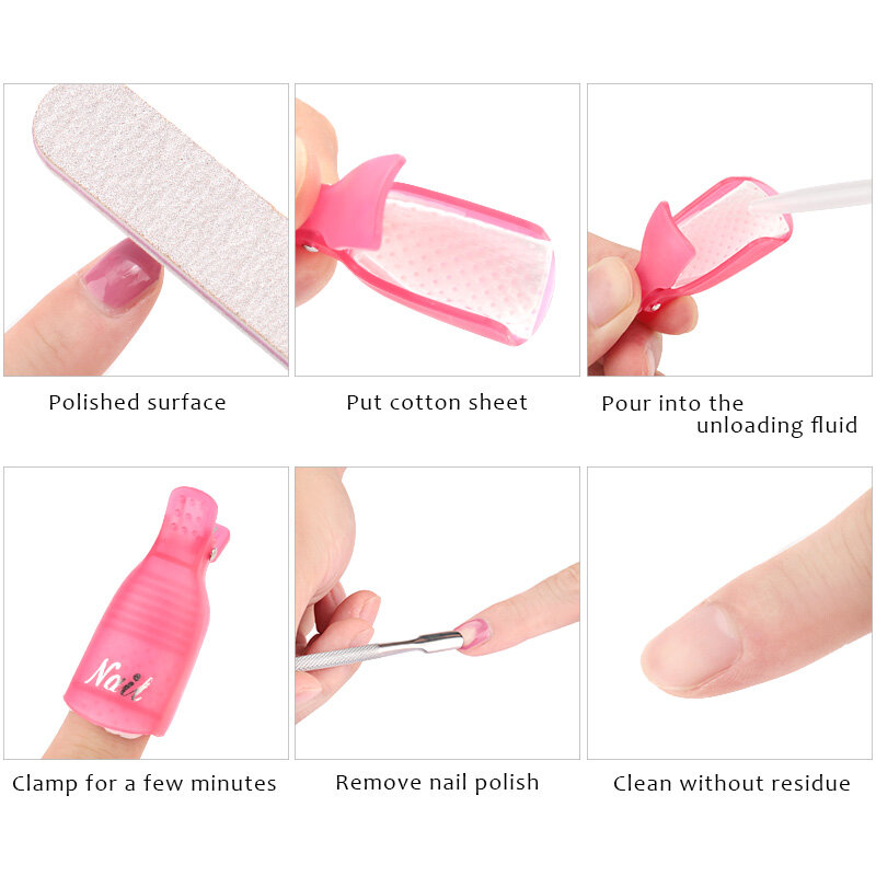 Pinzas tipo clip para retirar esmalte de uñas, de material plástico, usadas como utensilio para envolver la uña impregnada de líquido quitaesmalte de uñas en gel UV semipermanente y su posterior retirada