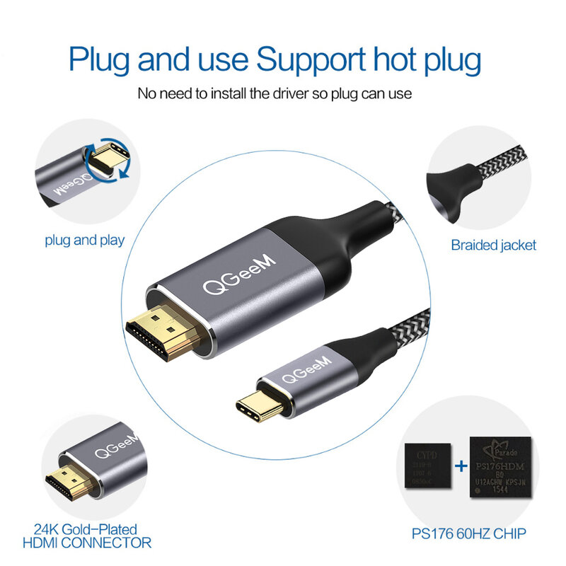 QGeeM USB C к HDMI кабель 4K type C HDMI Thunderbolt 3 конвертер для MacBook huawei mate 30 USB-C HDMI адаптер usb type C к HDMI