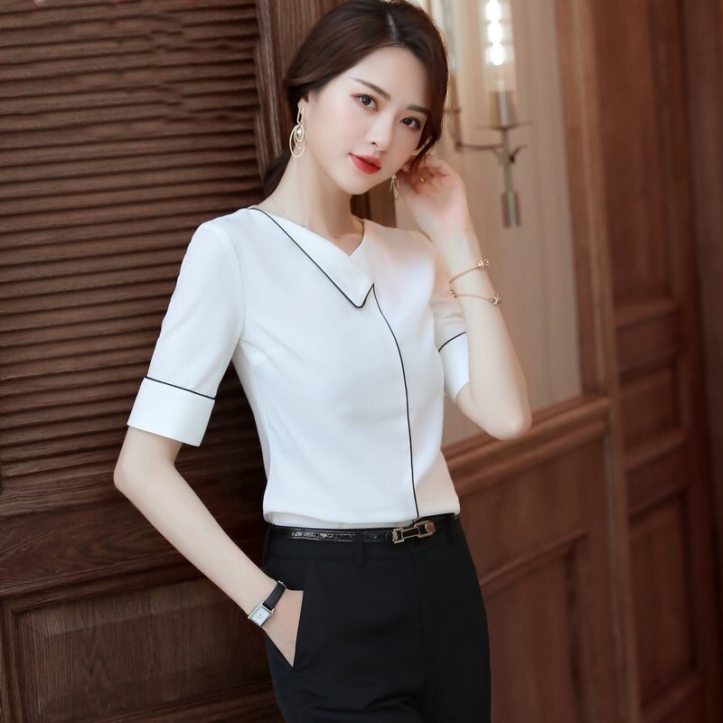 بلوزات نسائية بأكمام قصيرة ، ملابس مكتبية كورية ، سيدات أعمال ، قميص Ol ، أبيض ، DD2182 ، صيف 2019