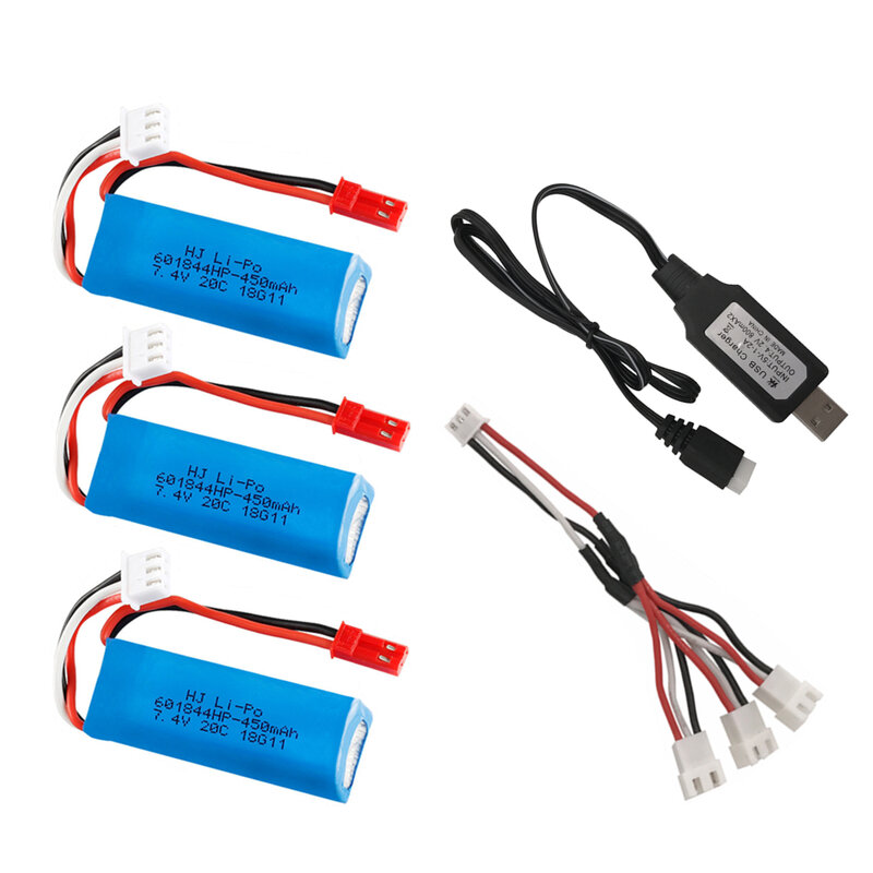 7,4 V 450mAh Lipo Batterie und USB Ladegerät für WLtoys K969 K979 K989 K999 P929 P939 RC Auto Teile 2s 7,4 v Batterie 3 stücke
