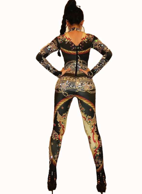 Glisten Rhinestones รูปแบบพิมพ์ Jumpsuit ผู้หญิงเซ็กซี่ยืดที่ไม่ซ้ำกัน Bodysuit เครื่องแต่งกายนักร้องหญิงเต้นรำเวทีสวมใส่