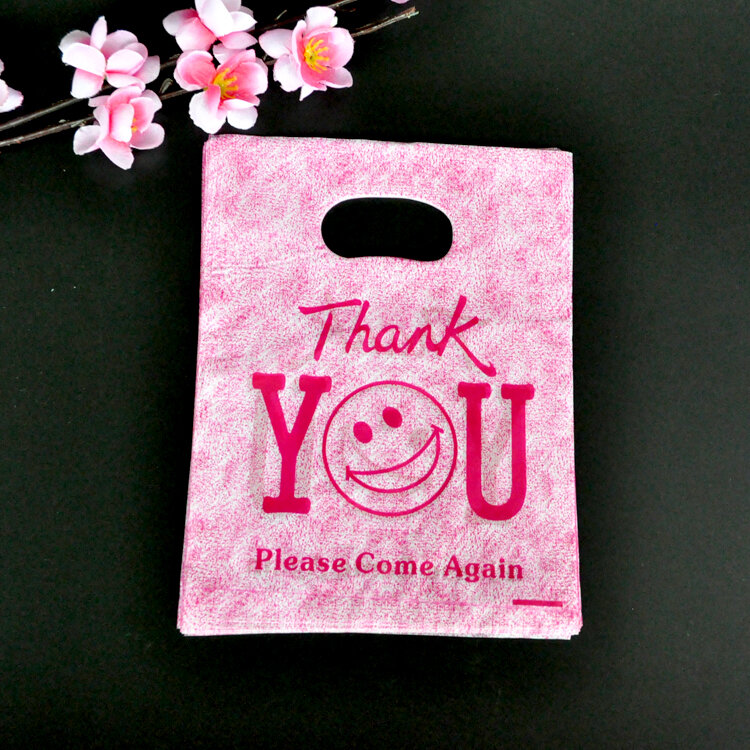 15*20 cm 100 stks/partij kleine hot roze plastic bag "dank u" ontwerp Charm sieraden verpakking tassen leuke plastic gift zakken met handvat