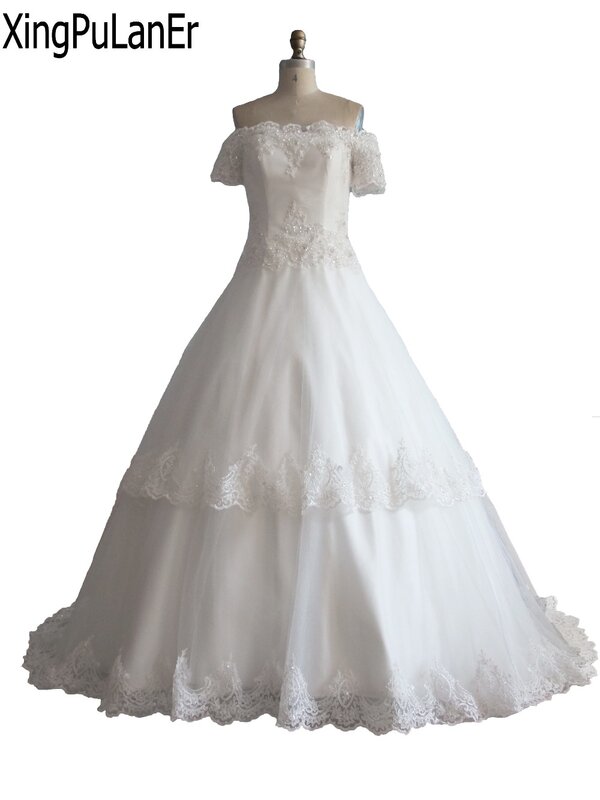 XingPuLanEr Reich Spitze Appliqued vestido de noiva de renda Weiß Lange Vintage Braut Kleider Kurzarm Hochzeit Kleid Plus