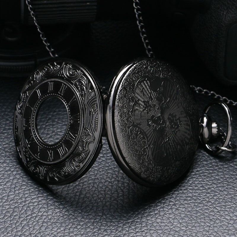 Hitam Pocketwatch Vintage CharmUnisex Fashion Nomor Romawi Kuarsa Steampunk Saku Pria Wanita Kalung Liontin dengan Rantai