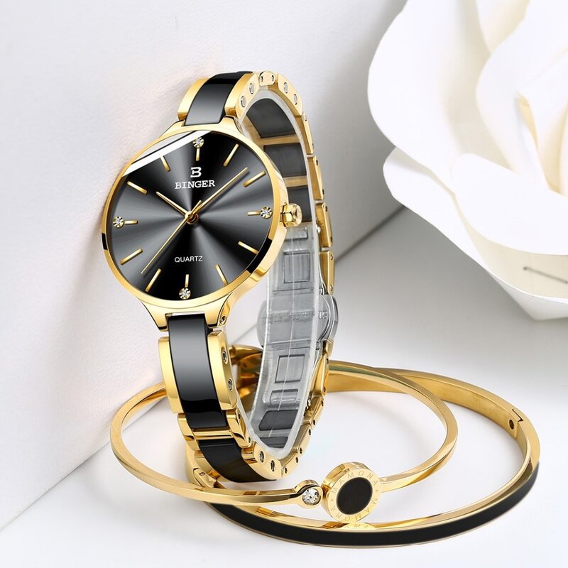 Zegarek damski-스위스 빈거 패션 여성 시계, 럭셔리 브랜드 팔찌 세라믹 시계 밴드 사파이어 방수 여성 시계