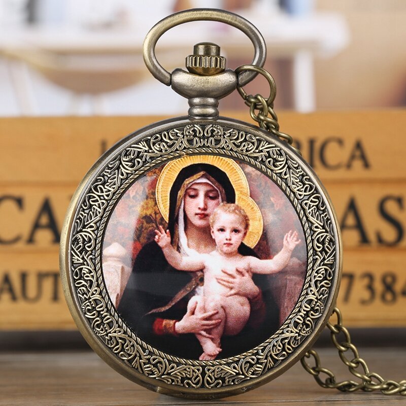 Jungfrau Maria und Jesus Quarz Taschenuhr Anhänger für Frauen Mädchen Dame Schmuck Halskette Kette Uhr Luxus reloj Religiöse Geschenke