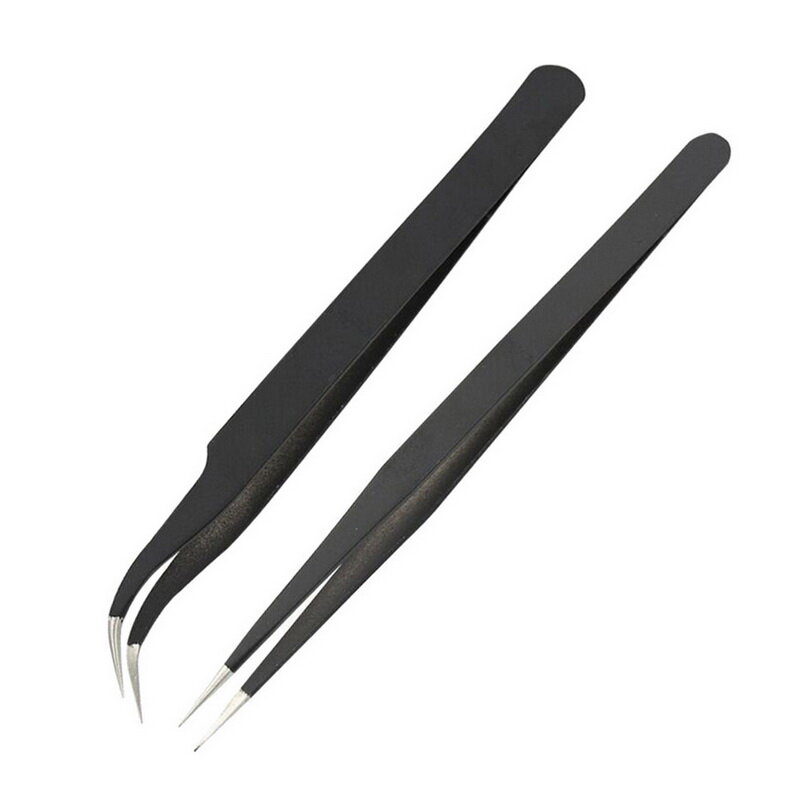 Black 2PCS Nail Set Stainless Steel Elbow + Straight End Forceps Nail Tweezers 14cm 12.5cm Anti-static Non-magnetic ESD Tools