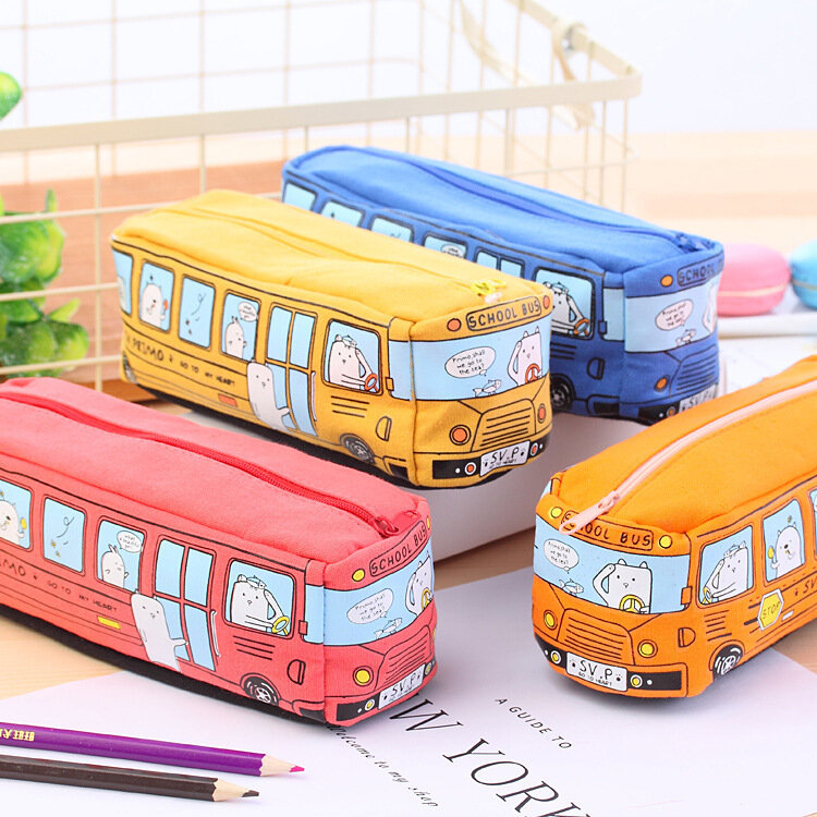 Trousse à crayons en toile de grande capacité, avec Bus de dessin animé, trousse à crayons avec fermeture éclair pour étudiants, papeterie fournitures scolaires