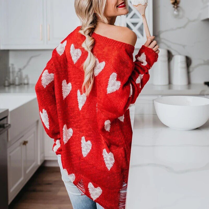 Ins Hot Red Heart Sweaters Women Summer Knitted Thin Pullovers Casual Spring Autumn Oversized Jumper Tops Pull Femme Knitwear