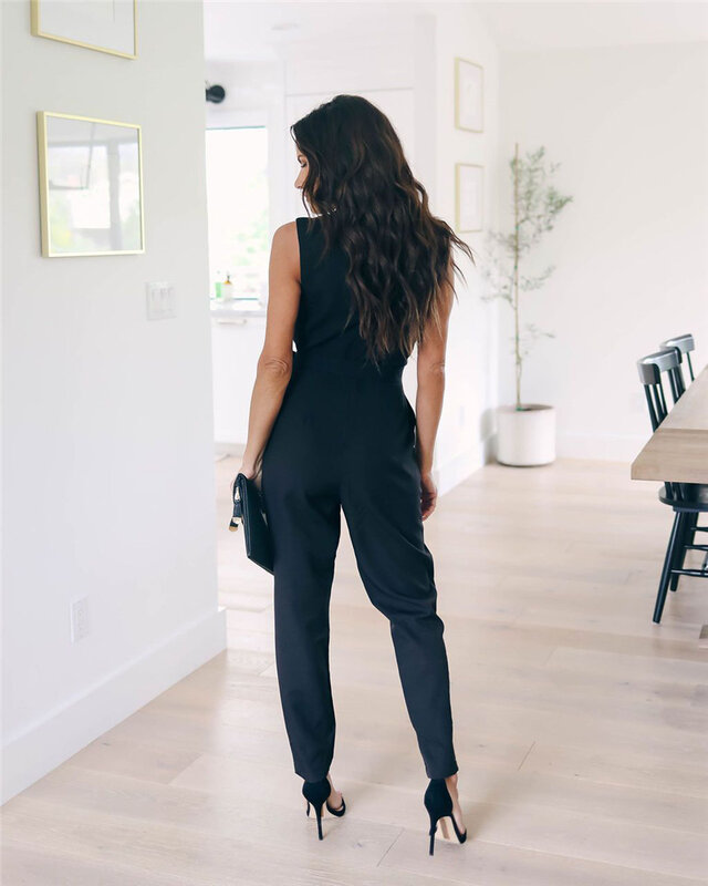 Summer Women Fashion lace Jumpsuit Romper Sexy V Neck Backless pocket Beach Bodycon lace-up femme Jumpsuit solid black Overalls