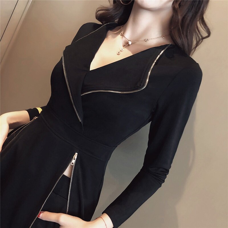 Veste longue noire à manches longues pour femmes, tenue sexy, surintendant, ensemble deux pièces, DD1901
