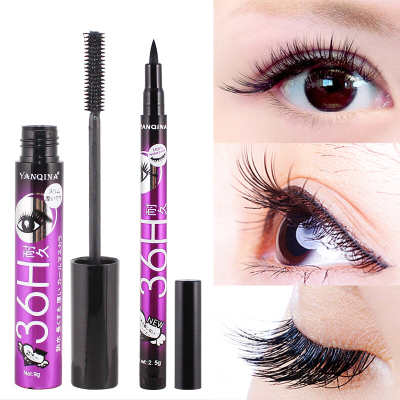 YANQINA Liquid Eyeliner Pencil+Waterproof Mascara Set Cosmetics New Brand Eye Liner Thick Curling Mascara Eyebrow Pencil Makeup