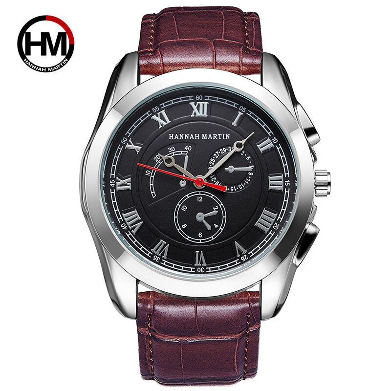 HM moda kwarcowy analogowy zegarek męski skórzany wodoodporny wojskowy jakości 3 oczy duże Dial Top marka luksusowy zegarek Reloj Mujer