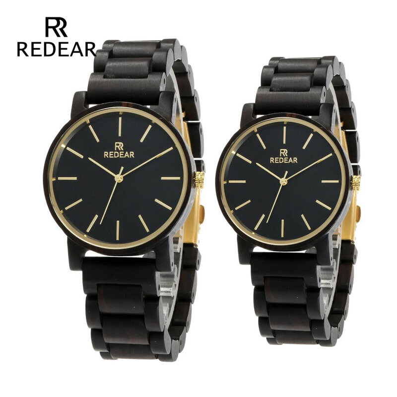 REDEAR-대나무 브랜드 패션 블랙 커플 시계, 일본 쿼츠 무브먼트 흑단 나무 시계, 무료 배송