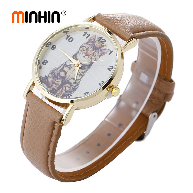 Модные женские часы MINHIN, Студенческие Кварцевые часы с кожаным ремешком в виде кота, часы для женщин, оптовая продажа, креативные часы