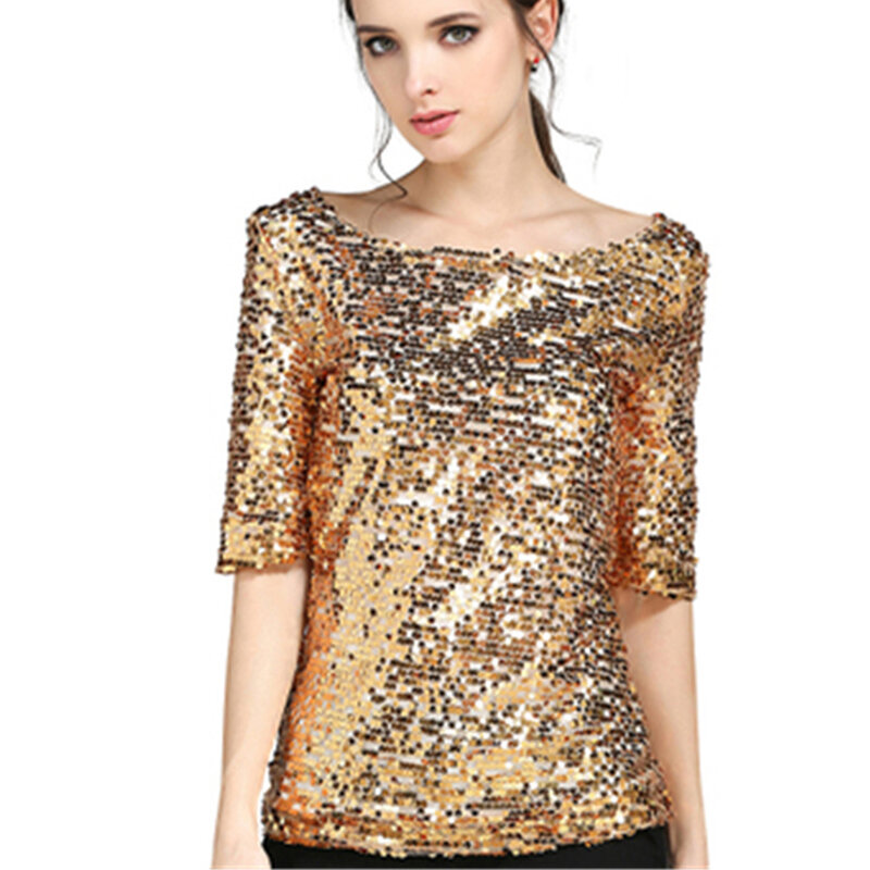 Women Blouses Summer Fashion Sexy Sequined Embroidered Half Sleeve Lady Tops Loose Casual Shirt Gold Blusas Plus Size 5XL New