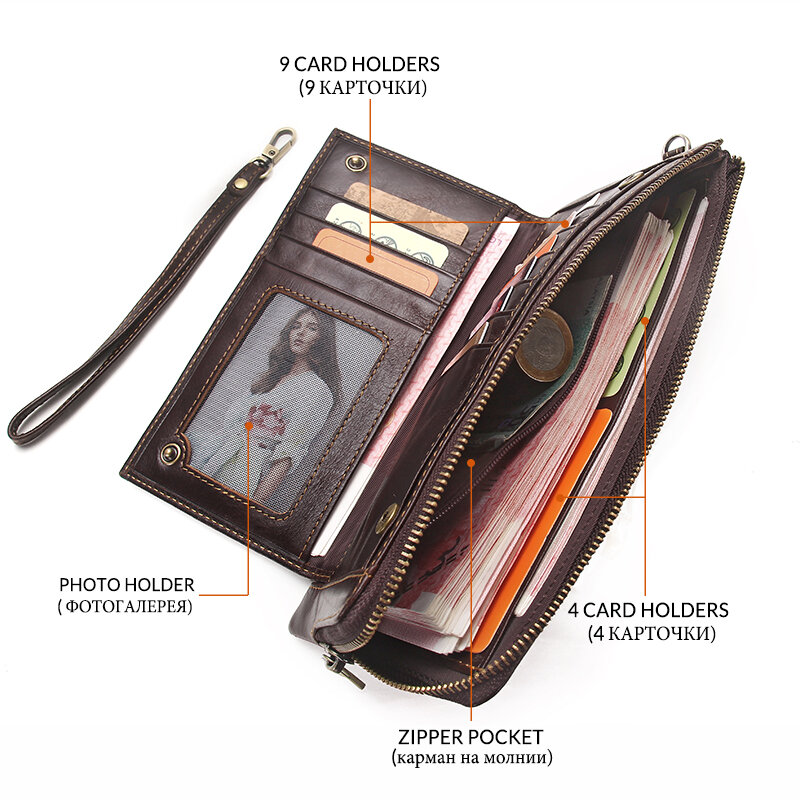 2022 Men Wallet Clutch Genuine Leather Brand Rfid  Wallet Male Organizer Cell Phone Clutch Bag Long Coin Purse Free Engrave