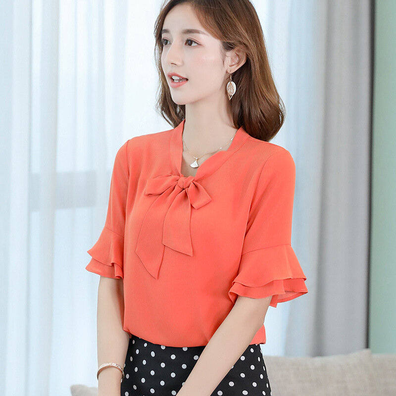 Женская шифоновая блузка с коротким рукавом, однотонная модная Облегающая рубашка в Корейском стиле для досуга, Простой Топ, H9100, весна-лето