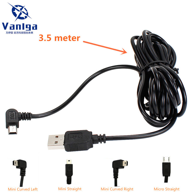 Cable curvo de carga para coche, mini / micro USB para cámara DVR de coche, grabadora de vídeo/GPS/PAD/móvil, longitud del Cable de 3,5 m (11,48 pies)
