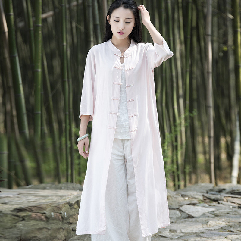 Aransue feminino primavera verão blusas retro placa botões cardigan outerwear design longo camisa estilo chinês topos