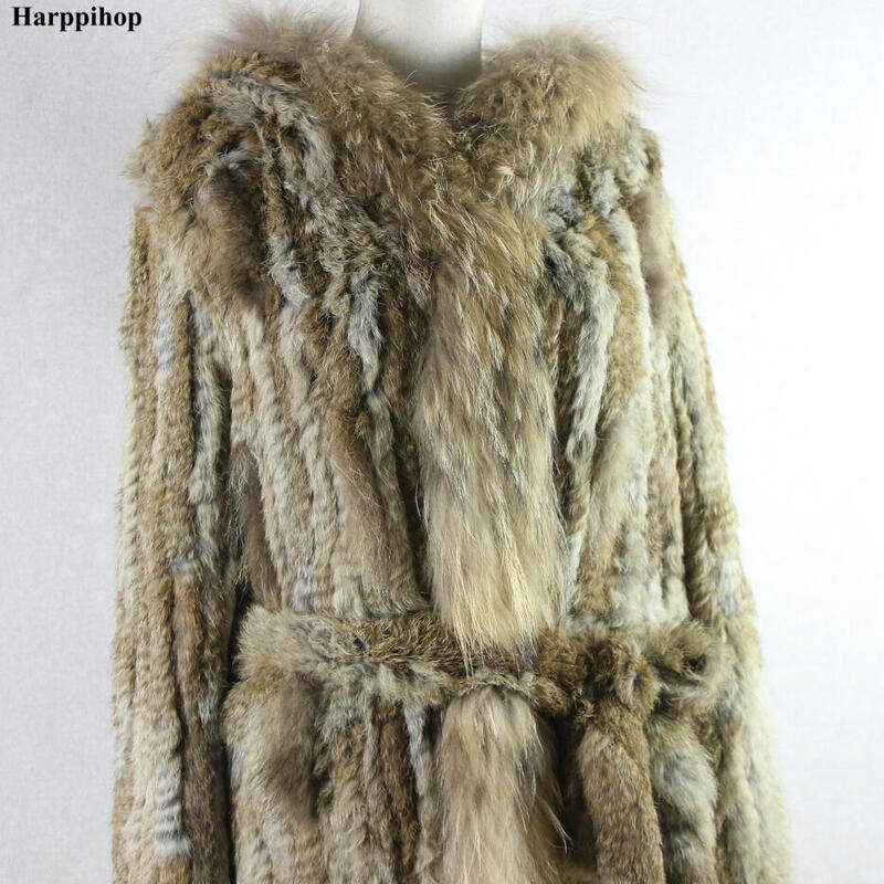 Frete grátis casaco feminino de malha pele real coelho/jaqueta/capuz cinto feminino longo com borlas 2019 venda imperdível brasileira