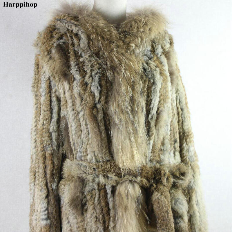 Gratis Verzending Lady Gebreide Real Rabbit Fur Coat/Jas/Outware Met Kap Vrouwen Riem Lange Met Kwasten 2019 brazilië Hot Koop