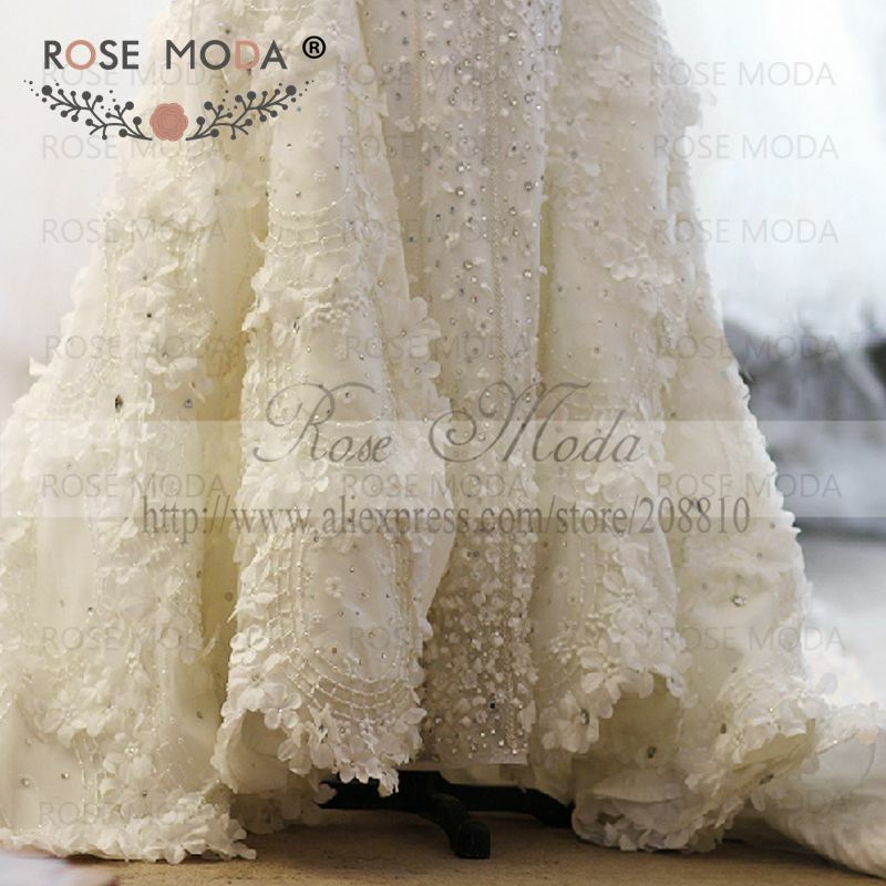 Rose Moda صور حقيقية فاخرة كريستال ثلاثية الأبعاد فساتين زفاف زهرة مع الأكمام الطويلة حسب الطلب