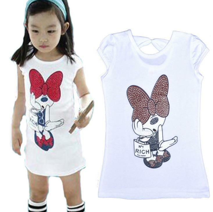 Hot Sale New Fashion Kids Girls Clothes Cute Cartoon Dress 2 Colors Red Pink Clothes Lovely Baby Girls Dress