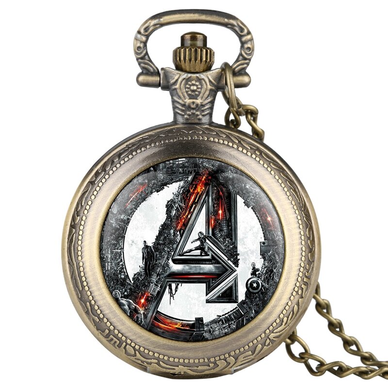 마블 무비 어벤져스 울트론 레트로 쿼츠 포켓 시계 목걸이 펜던트 체인 시계, 남자 팬들을 위한 유니섹스 시간 선물