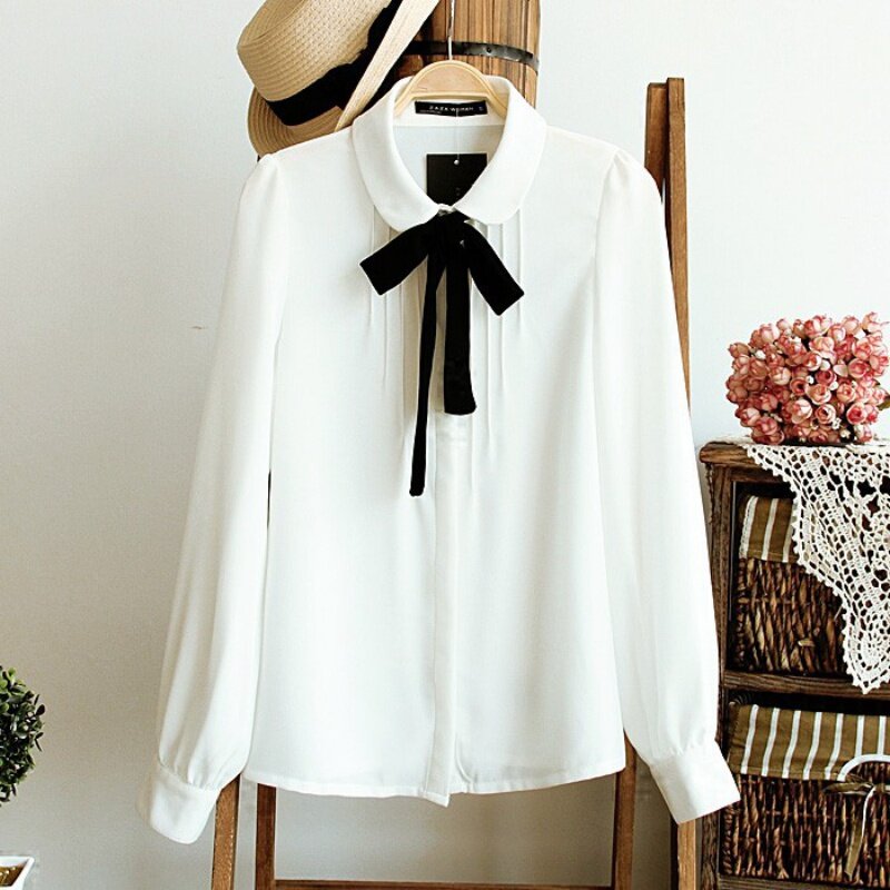 女性用シルクシフォンシャツ,エレガントな白いシャツ,蝶ネクタイ付き,韓国風,カジュアルウェア