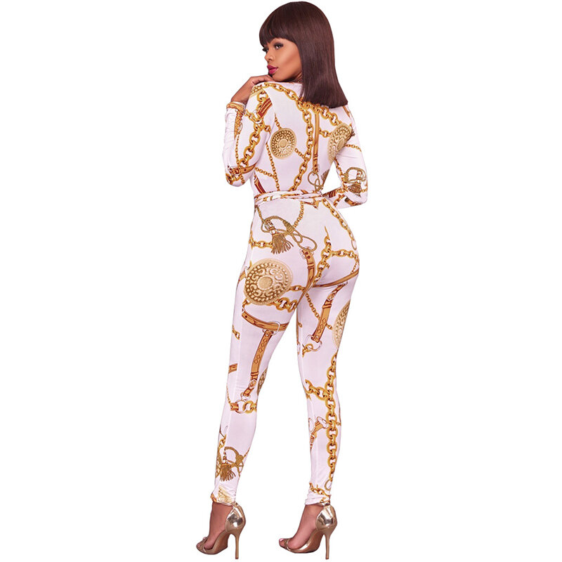 Hot Sale Deep V-neck print Skinny Jumpsuit Womens Autumn Long sleeve sashes Sexy women Rompers women Casual Jumpsuit Overalls