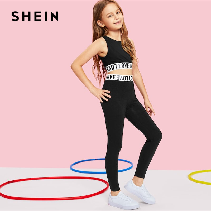SHEIN Black Letter Print Crop Top And Pants Girls Clothing Two Piece Set 2019 Active Wear Fashion Sleeveless Children Clothes