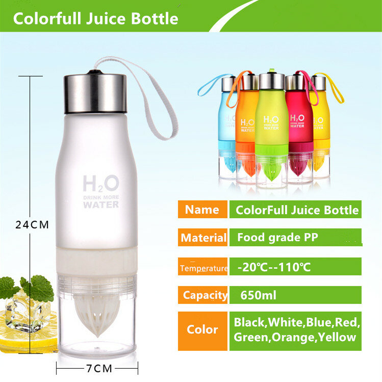 Botella de agua de jugo de limón H2O de 650ml, Infusor de fruta, bebida deportiva, agitador, botellas de agua para beber sin BPA, tomate