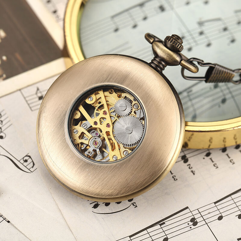 Z litego drewna mechaniczny kieszonkowy zegarek kieszonkowy łańcuch medalion Dial Hollow Steampunk szkielet mężczyźni kobiety mężczyzna mężczyzna zegar zegarki Box pakiet