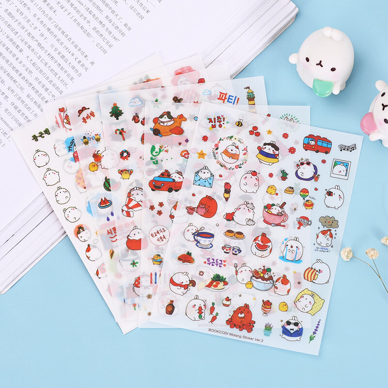 Molang-cute rabbit-like pvc adesivos, cartoon-style adesivos, para diário, scrapbook, decoração, papelaria
