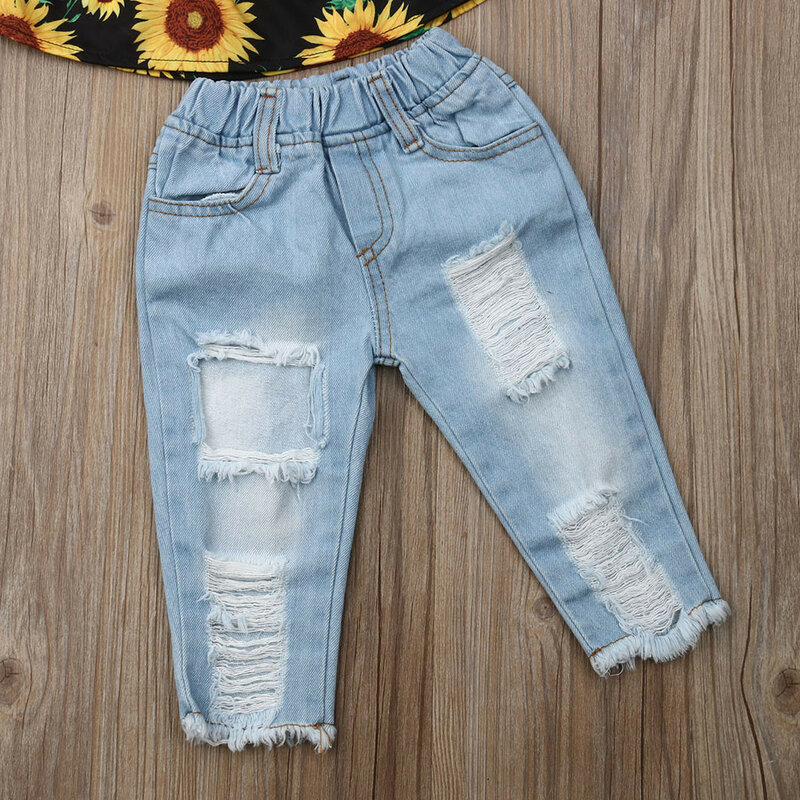 Kids Clothes Girls Cotton Baby Clothes Girl Sets Summer Three pieces Sunflowers Tops Denim Pants Outfits Toddler Outfits k529
