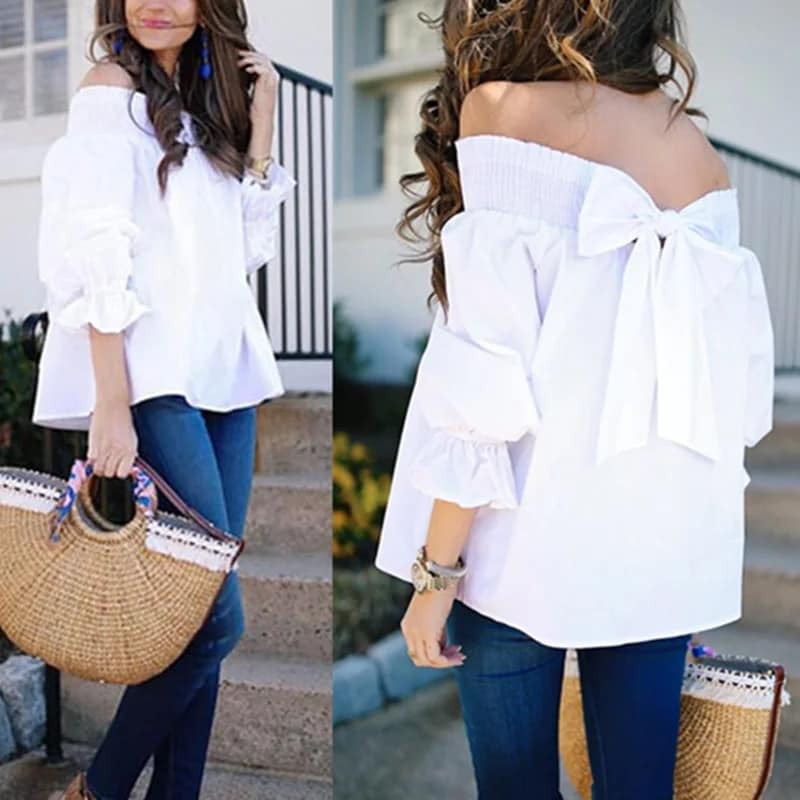 Sexy Off Shoulder Spring Summer Strapless Blouse Women Bowknot Tops Slash Neck Shirts Casual Loose blusas mujer de moda 2019