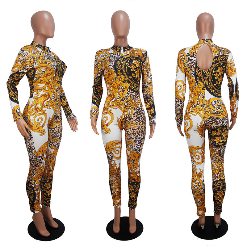 2019 Nieuwe vrouwen Stand Hals Paisley Bloemen Vintage Goud Gedrukt Open Back Sexy Skinny Bodycon Jumpsuits Outfit Jumpsuit Overalls