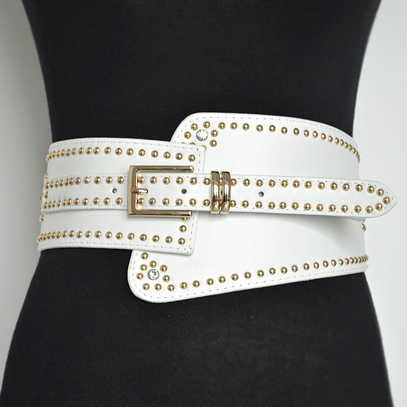 Cinturones de cuero negro con tachuelas completas para mujer, cinturón elástico ancho hecho a mano para vestidos, cinturón de diamantes de imitación para mujer en línea