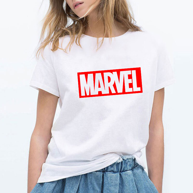 LUSLOS MARVEL camiseta superhéroes de moda blanco negro camiseta de verano de las mujeres pantalón corto casual manga cuello redondo de moda camisetas