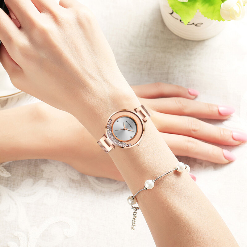 Zegarki damskie MINI FOCUS panie luksusowy zegarek marki kryształ wodoodporna modna siatka pas zegar kobieca sukienka na rękę MF0254L