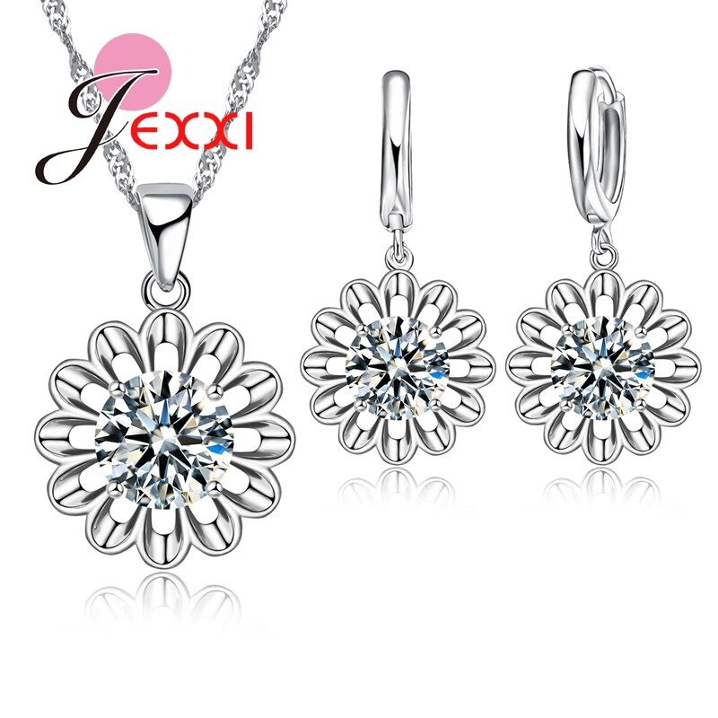Indah Bunga Matahari Romantis 925 Sterling Silver Perhiasan Set untuk Wanita Pengantin Pernikahan Anting-Anting/Rantai/Kalung/Liontin Set