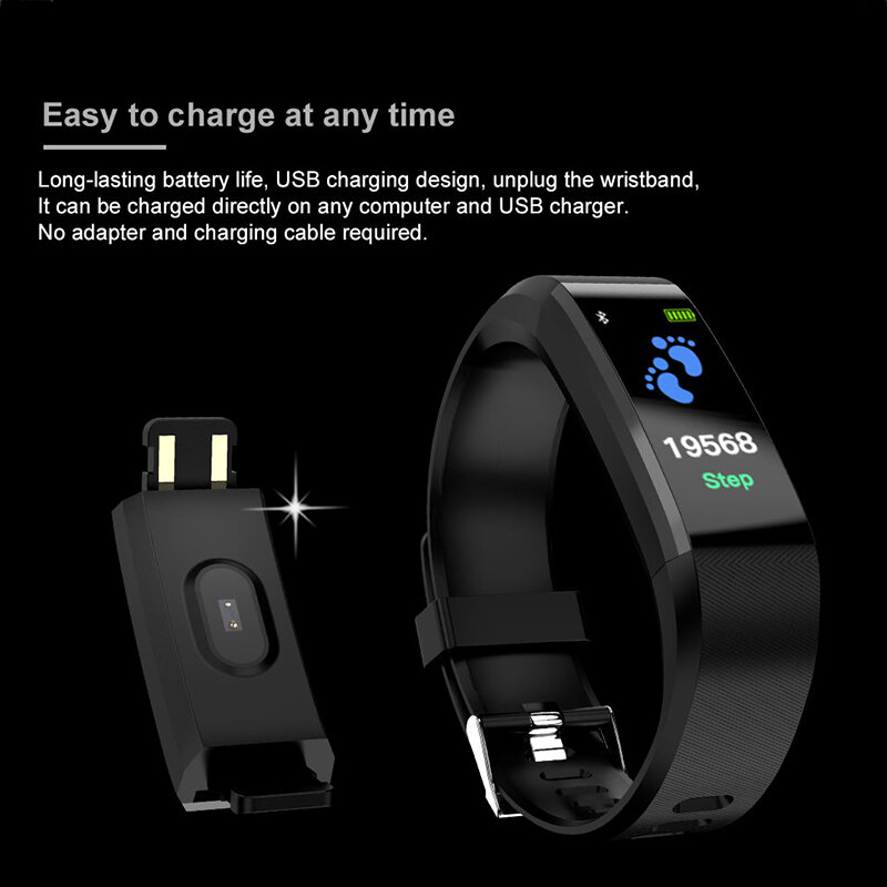 115 플러스 스마트 시계 남성 여성 심박 측정기 혈압 피트니스 트래커 smartwatch sport for ios android + box synoke