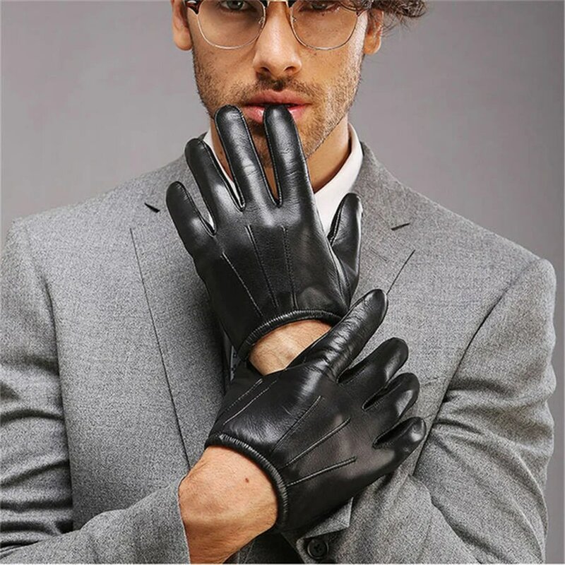 Genuine Leather Men Top Fashion Gloves Wrist Sheepskin Glove For Man Thin Winter Driving Five Finger Rushed M017PQ2